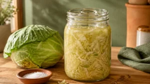 Small batch sauerkraut fermenting in a mason jar on a kitchen counter with a glass weight and fresh cabbage