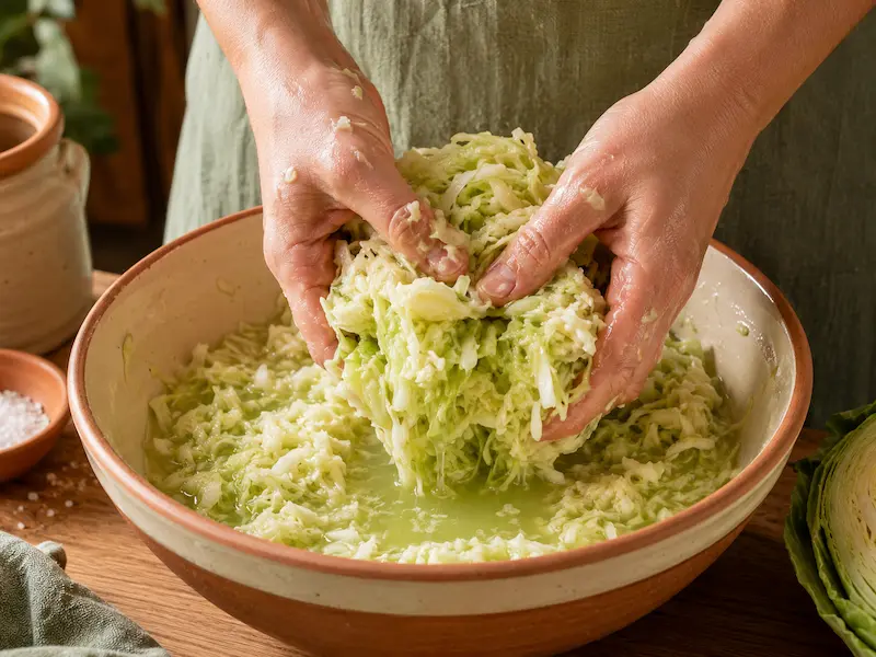 Hands massaging salted cabbage to release brine for homemade sauerkraut