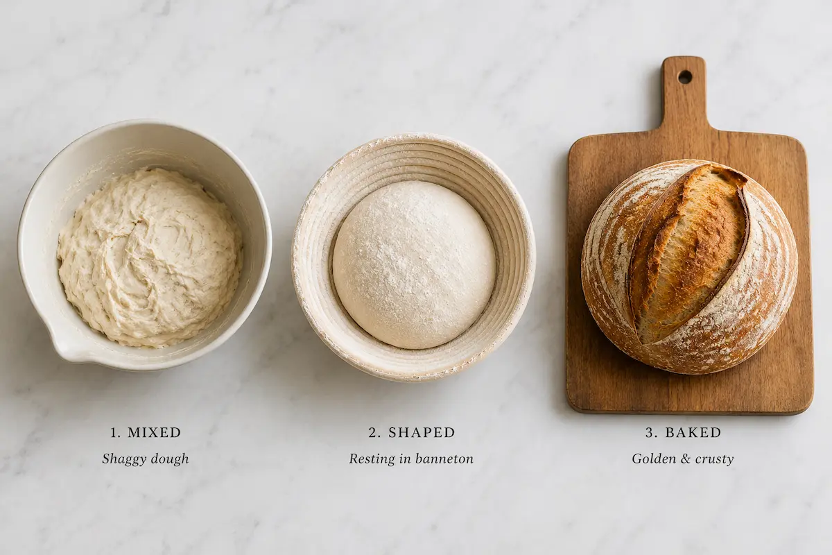 small batch sourdough three stages flat lay showing mixed dough in bowl shaped boule in banneton and finished baked loaf on wooden board