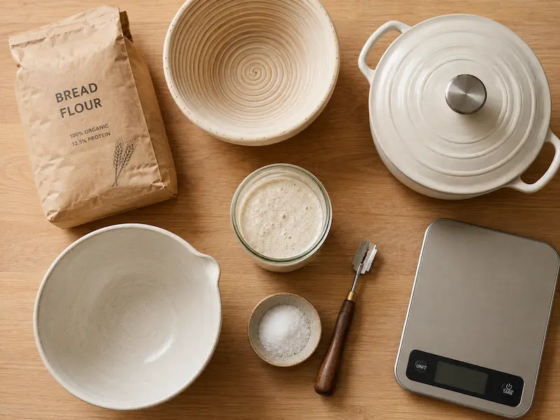 small batch sourdough equipment flat lay including mixing bowl banneton dutch oven bread lame kitchen scale sourdough starter jar and bread flour on wooden surface