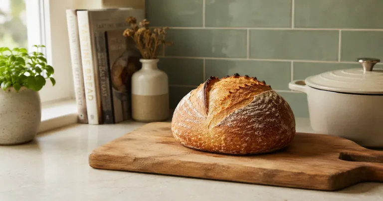 small batch sourdough loaf with golden scored crust on wooden chopping board next to dutch oven on apartment kitchen counter in morning light