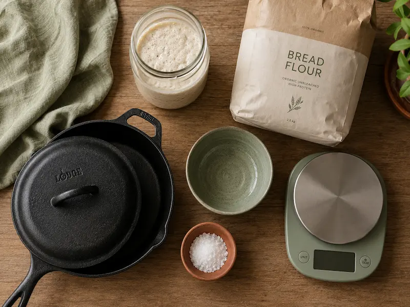 sourdough bread without oven equipment flat lay including cast iron skillet starter jar bread flour kitchen scale and salt