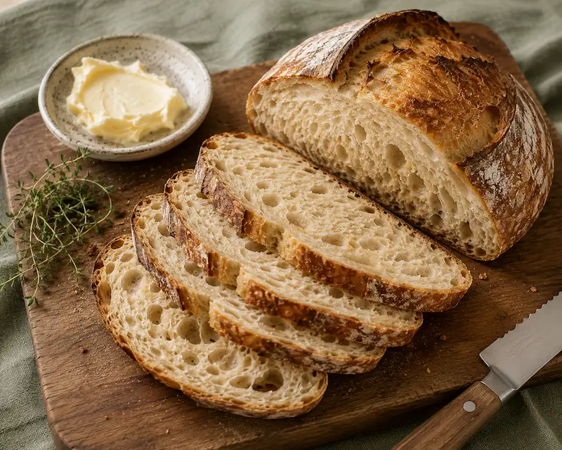sliced stovetop sourdough bread showing open golden crumb on wooden board with butter and fresh herbs