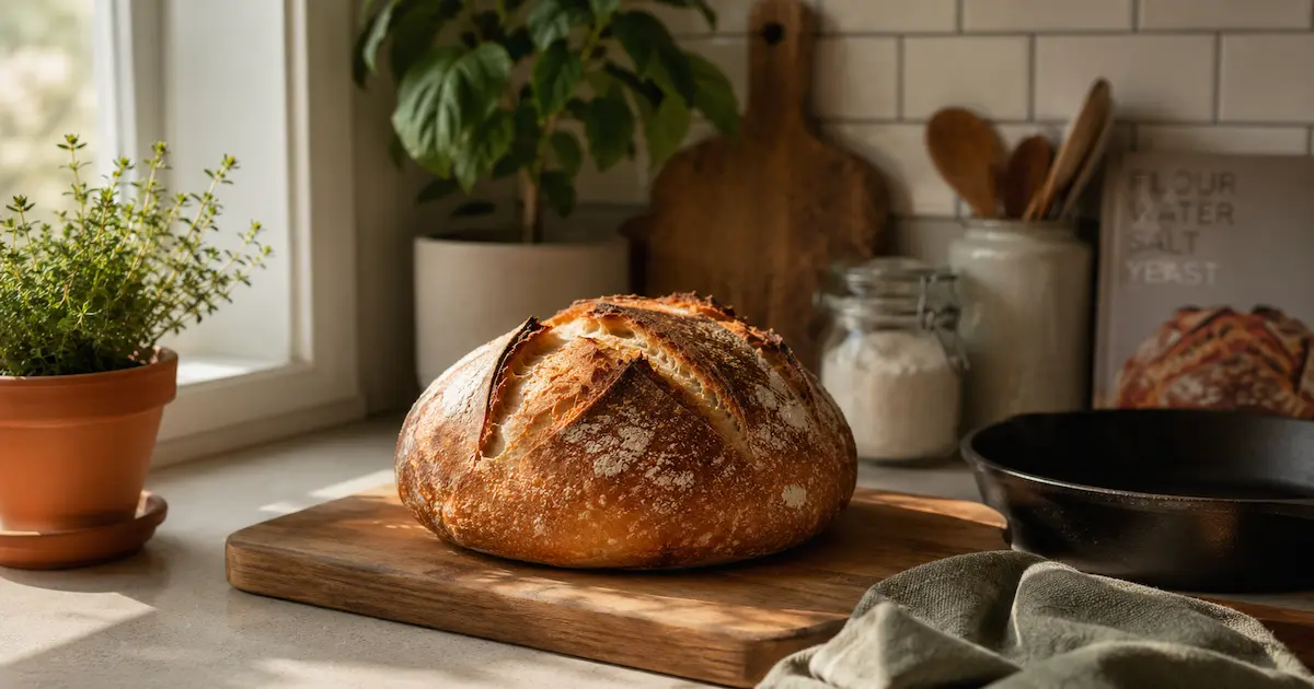 rustic sourdough loaf with golden scored crust on wooden board next to cast iron skillet on apartment kitchen counter