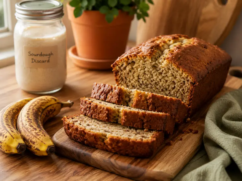 Sliced sourdough discard banana bread on a wooden board showing moist golden crumb