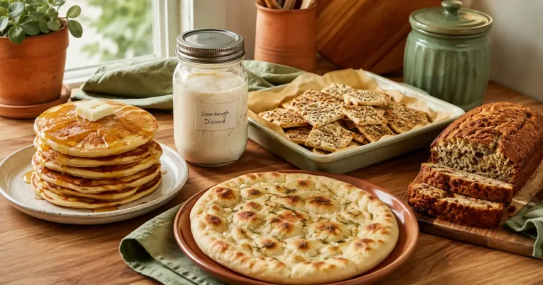Sourdough discard recipes spread on a wooden counter including pancakes, crackers, flatbread and banana bread