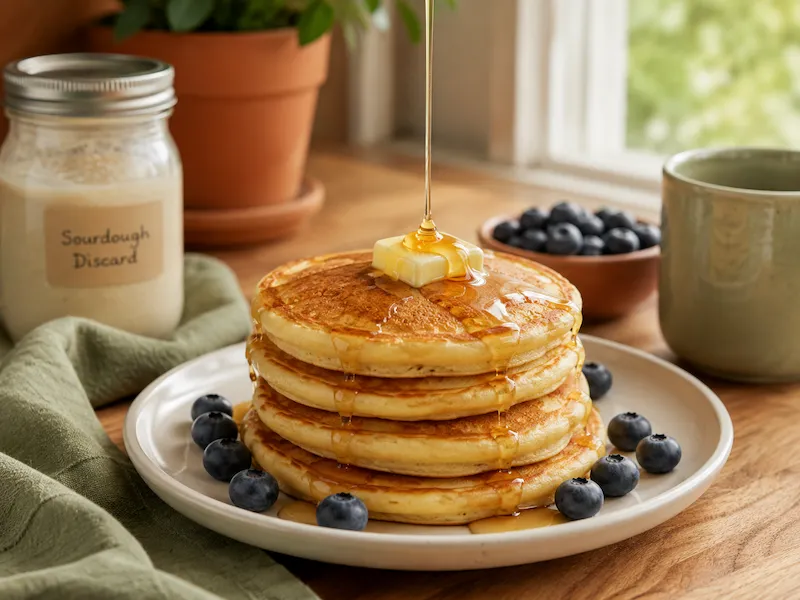 Stack of golden sourdough discard pancakes with maple syrup and blueberries on a white plate