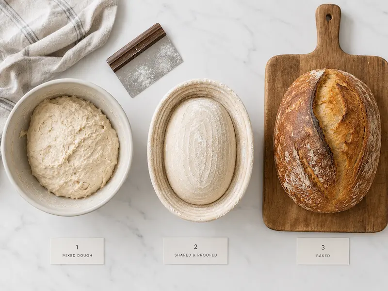 sourdough bread dough stages flat lay showing mixed dough in bowl shaped loaf in banneton and finished baked loaf on wooden board