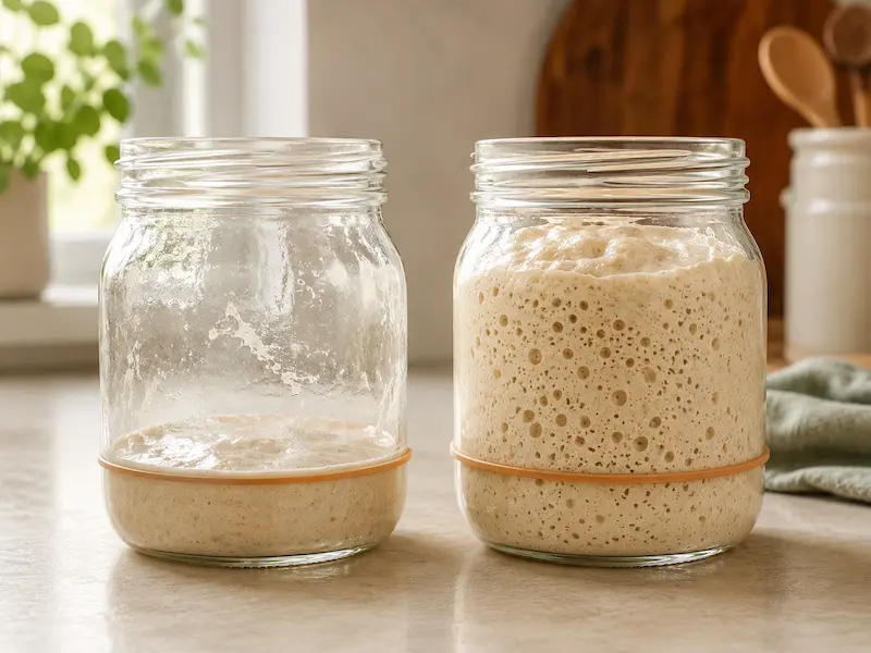 Two sourdough starter jars side by side on a kitchen counter with rubber bands marking the starting level showing one flat inactive starter on the left and one doubled bubbly active starter on the right