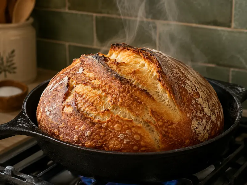 sourdough bread baking in cast iron skillet on gas stovetop with steam rising under the lid