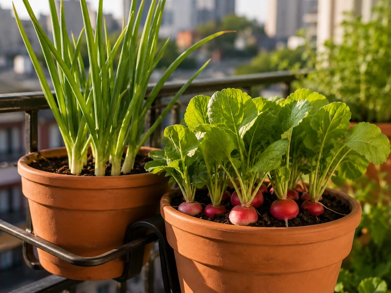 Spring onions and radishes growing in terracotta pots mounted on an apartment balcony railing with a city background in warm morning light