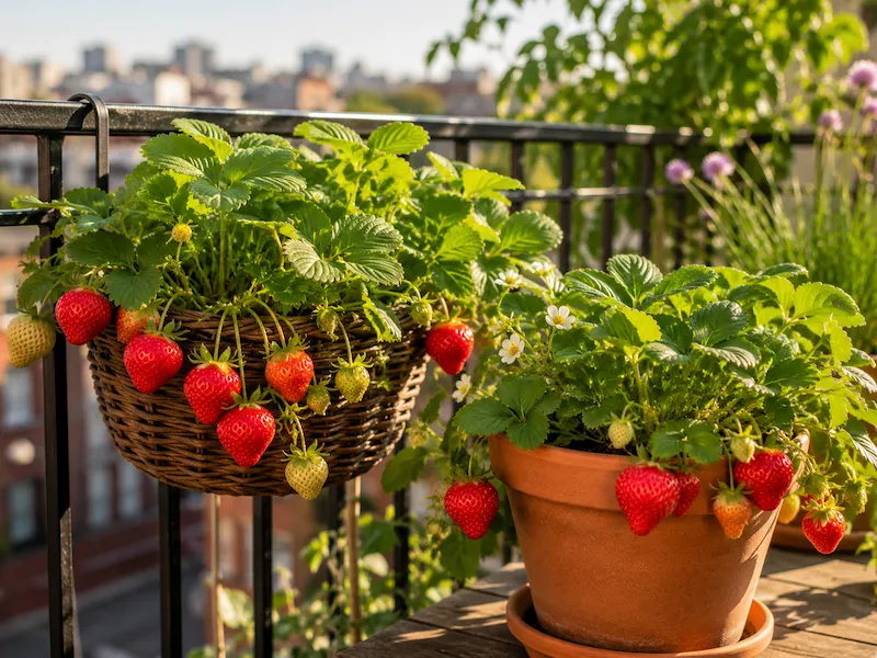 Ripe red strawberries growing in a wicker hanging basket and terracotta pot on a sunny apartment balcony railing with a city skyline in the background