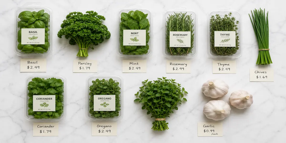 supermarket fresh herb packages in plastic clamshells with price tags on white marble surface showing real herb costs at walmart and kroger