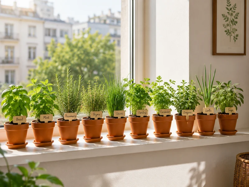 ten labelled herb pots in a row on sunny apartment windowsill including basil mint rosemary thyme chives parsley coriander oregano garlic and sage