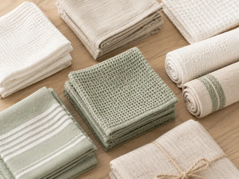 close-up flat lay of neatly folded reusable unpaper towels in natural linen sage green and white cotton fabrics on wooden surface