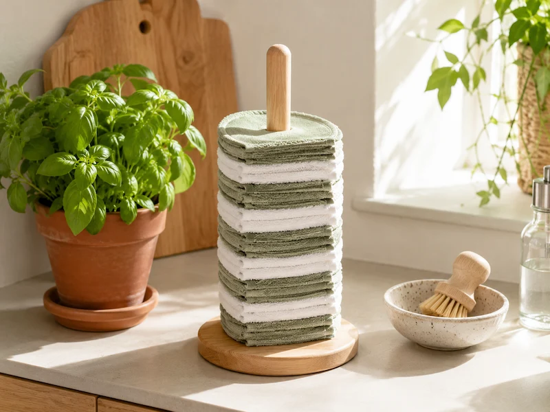 wooden paper towel holder on bright kitchen counter with rolled reusable cloth unpaper towels stacked on it in sage green and white