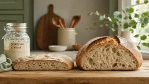 A dense flat sourdough loaf next to a perfectly risen sourdough loaf on a rustic wooden kitchen counter with a sourdough starter jar in the background in warm morning light