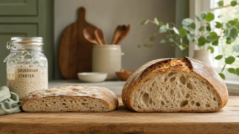 A dense flat sourdough loaf next to a perfectly risen sourdough loaf on a rustic wooden kitchen counter with a sourdough starter jar in the background in warm morning light