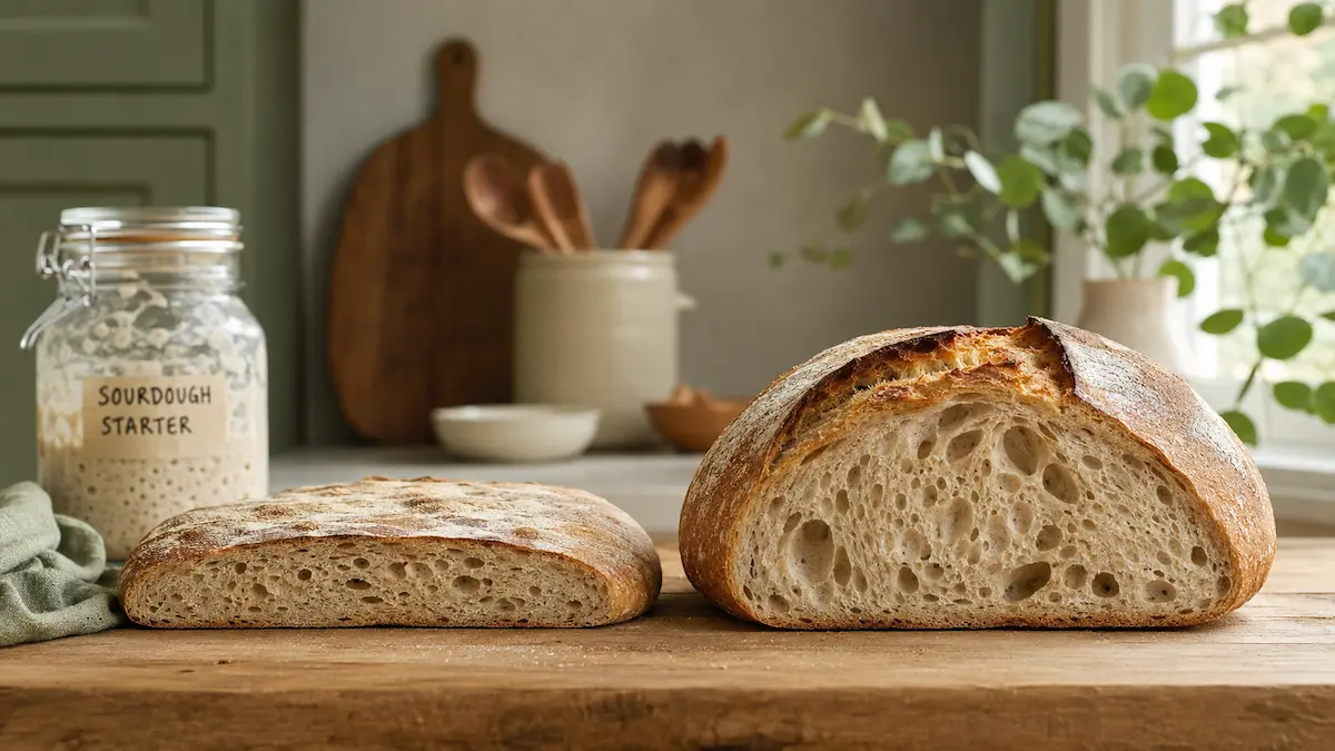 A dense flat sourdough loaf next to a perfectly risen sourdough loaf on a rustic wooden kitchen counter with a sourdough starter jar in the background in warm morning light