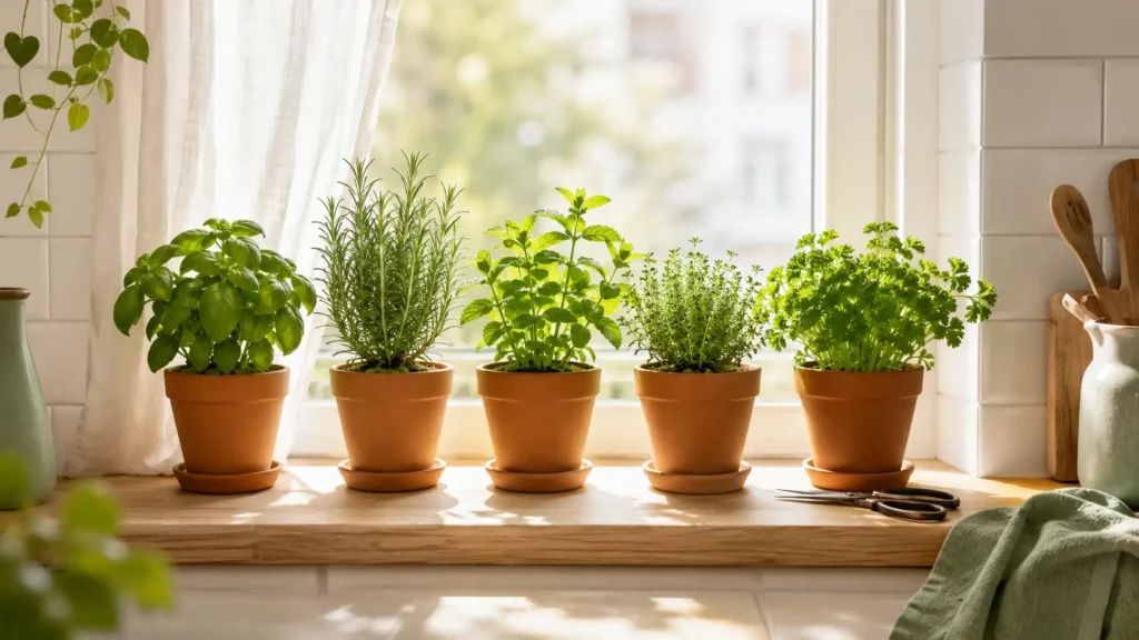 A row of thriving herb plants in terracotta pots on a bright apartment kitchen windowsill with warm morning sunlight streaming through a sheer curtain.