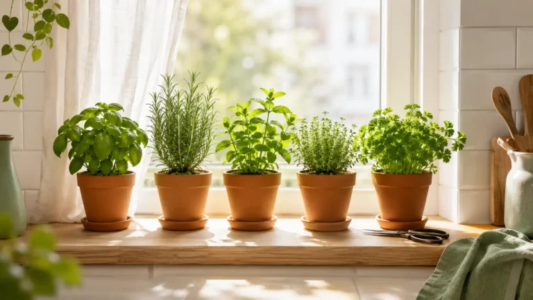 A row of thriving herb plants in terracotta pots on a bright apartment kitchen windowsill with warm morning sunlight streaming through a sheer curtain.