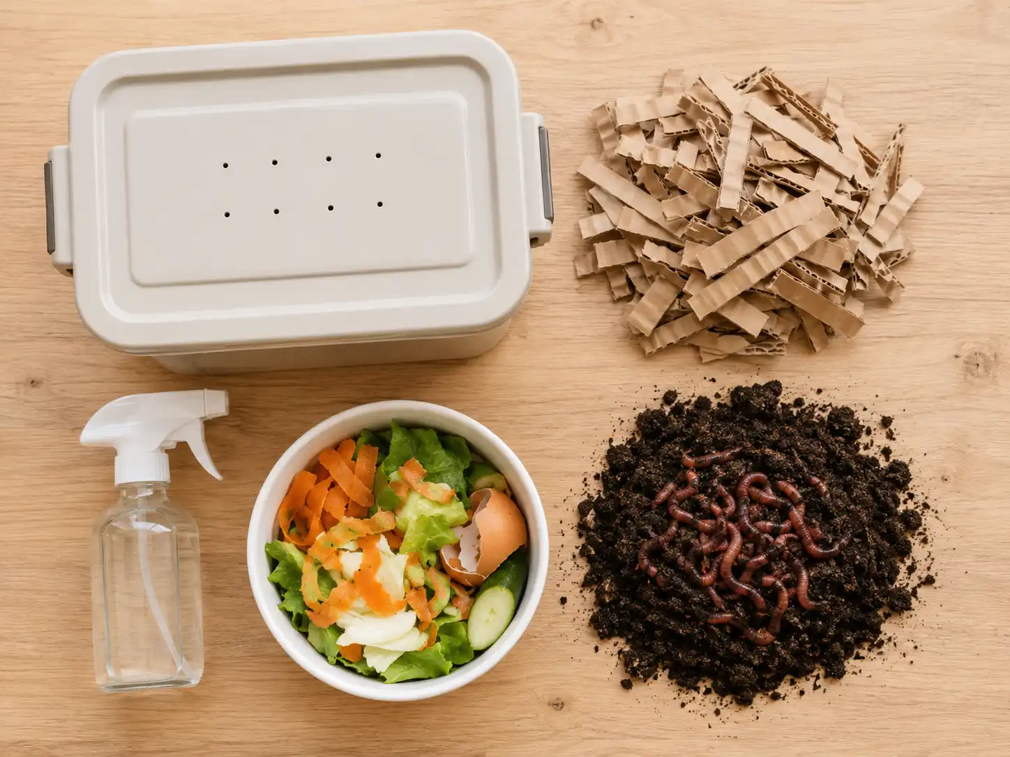 worm composting supplies for beginners flat lay