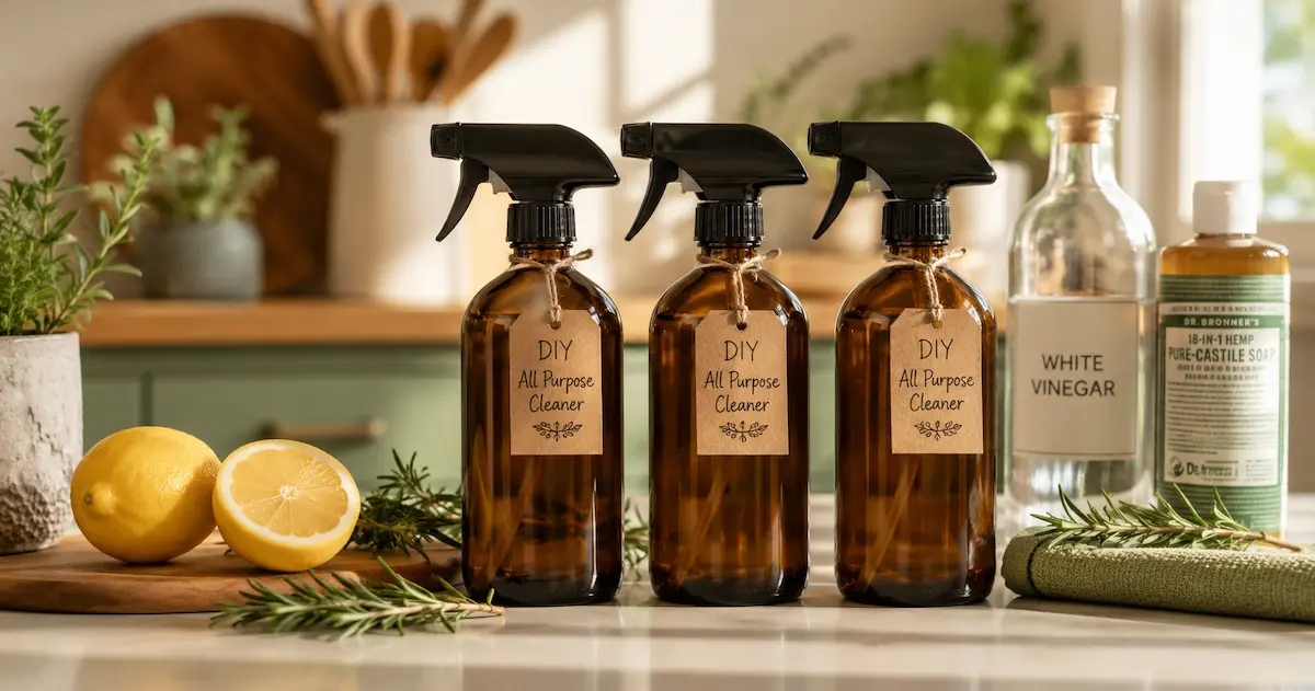 Three amber glass spray bottles of DIY all purpose cleaner on a clean kitchen counter with handwritten labels, fresh lemon halves and rosemary sprigs beside them, and a white vinegar bottle visible in the background