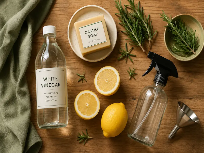 DIY all purpose cleaner ingredients flat lay on a wooden surface including a bottle of white vinegar, castile soap, fresh rosemary sprigs, lemon halves, an amber glass spray bottle, and a small funnel