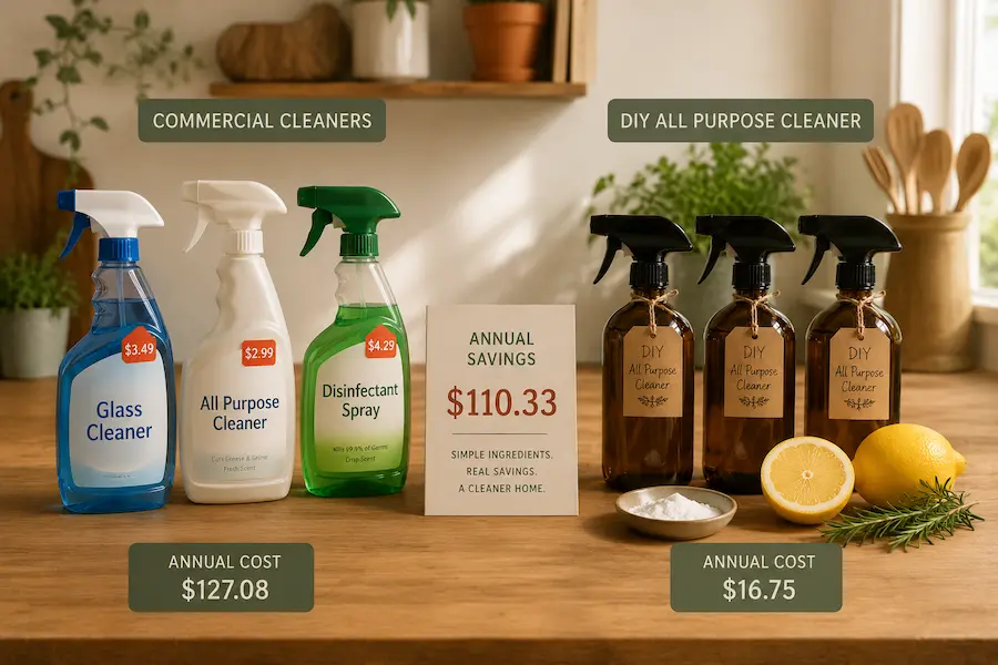 Side by side comparison on a wooden kitchen counter showing three commercial cleaning spray bottles with price stickers on the left and three amber glass DIY all purpose cleaner bottles with handwritten labels on the right