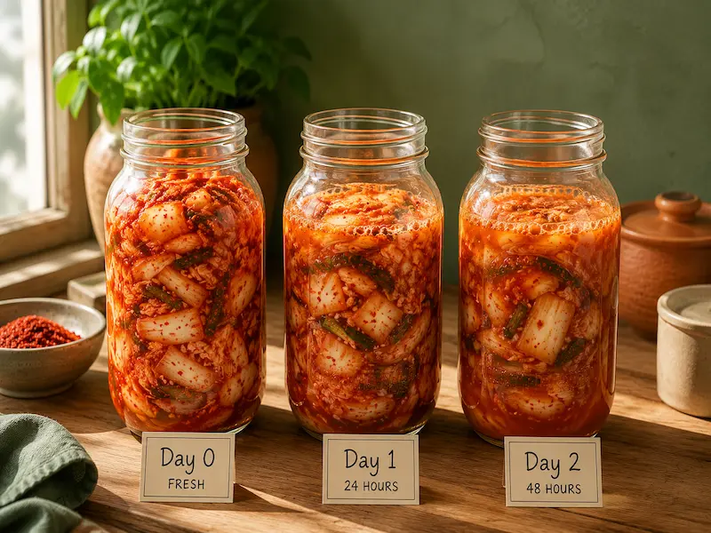 Three mason jars of kimchi at different fermentation stages labelled Day 0 Day 1 and Day 2 showing colour change on a wooden counter