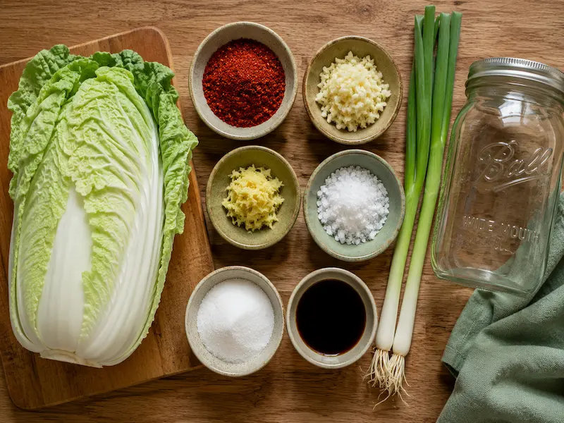 Easy kimchi recipe ingredients flat lay including napa cabbage gochugaru flakes garlic ginger sea salt soy sauce and spring onions on a wooden surface