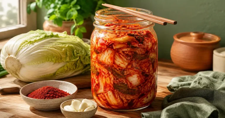A mason jar of bright red homemade easy kimchi on a wooden counter with napa cabbage gochugaru garlic and chopsticks beside it