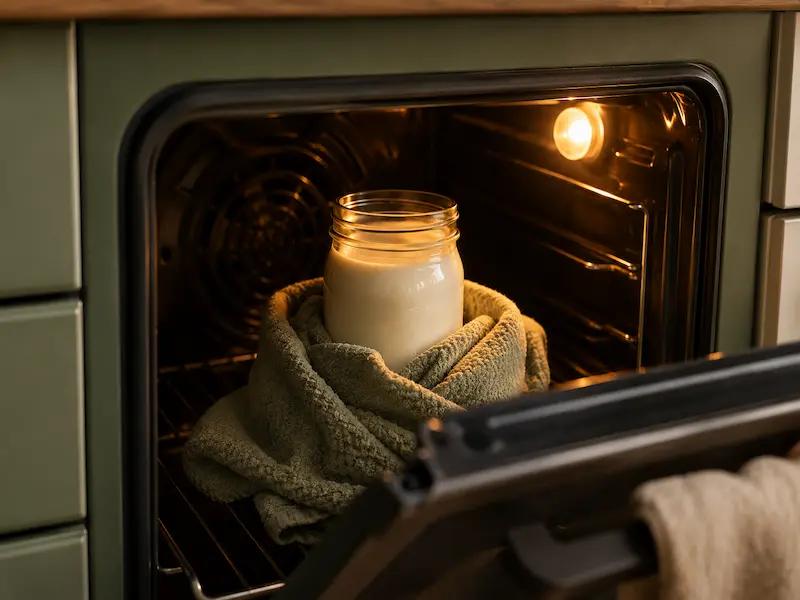 A quart mason jar of homemade yogurt incubating inside an oven with only the light on, wrapped in a kitchen towel for insulation, the amber glow of the oven bulb visible in the background