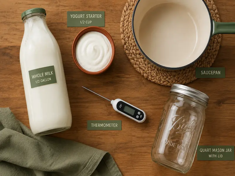Homemade yogurt recipe ingredients flat lay on a wooden surface including a glass bottle of whole milk, a small dish of plain yogurt starter, a saucepan, a kitchen thermometer, a quart mason jar, and a clean cloth