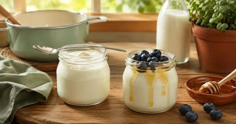 Two glass jars of thick creamy homemade yogurt on a wooden counter, one plain with a spoon resting on top and one topped with fresh blueberries and a drizzle of honey, with a small saucepan and milk bottle visible in the background