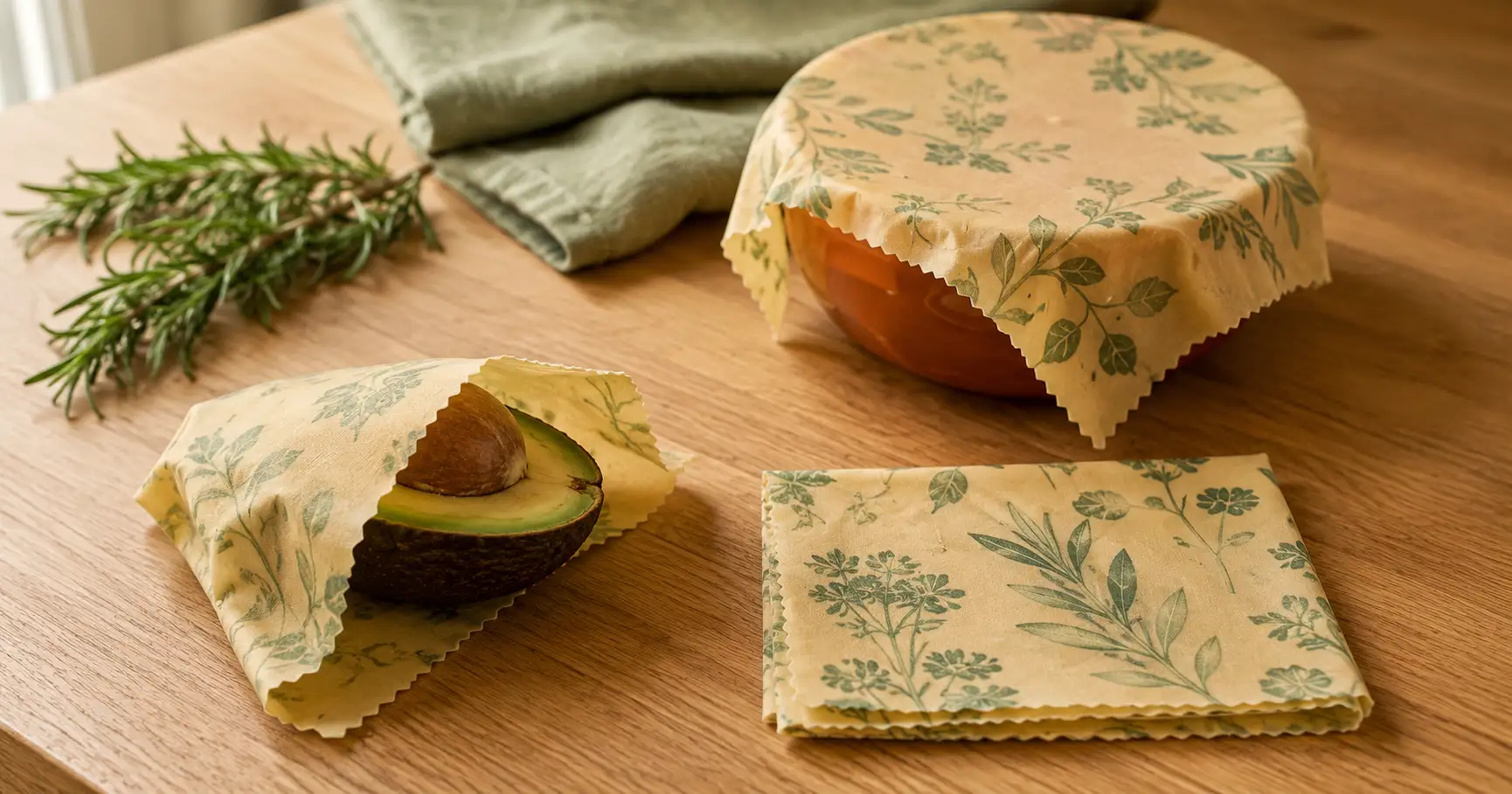 Three homemade beeswax wraps on a wooden counter one around an avocado one covering a bowl and one folded flat with herbs in the background
