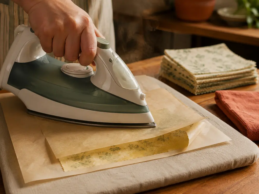 Hand pressing a household iron over parchment paper to melt beeswax into fabric for a homemade wrap