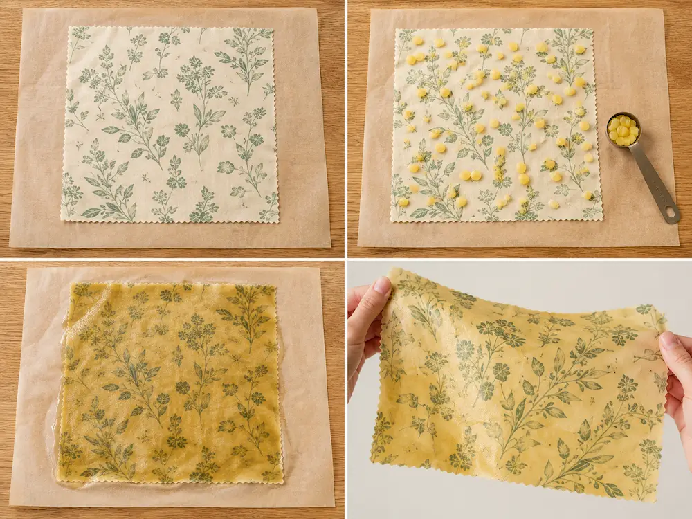 Four step flat lay showing how to make beeswax wraps from fabric square with pellets through oven melting to finished wrap being set in air