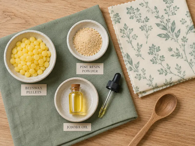 Overhead flat lay of beeswax pellets pine resin powder and jojoba oil measured separately for an enhanced beeswax wrap recipe