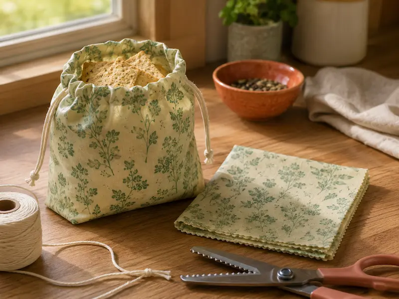 Finished waxed cotton snack bag standing open with crackers inside next to a flat beeswax wrap on a wooden counter