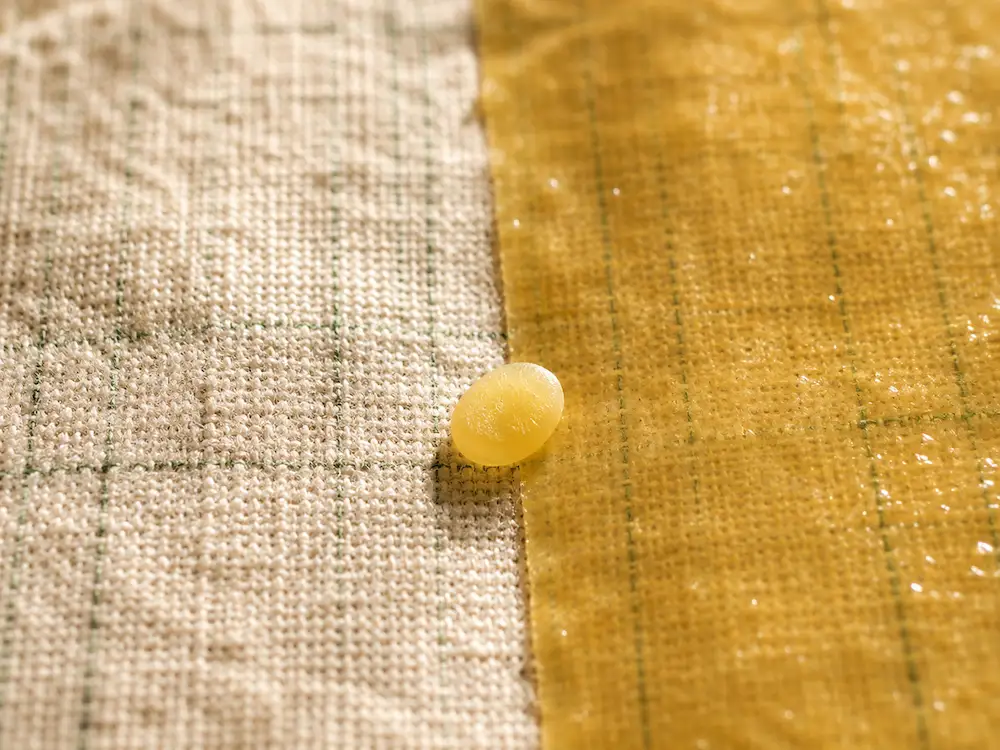 Macro close up comparing unwaxed matte cotton fabric on the left to glossy fully waxed beeswax wrap fabric on the right