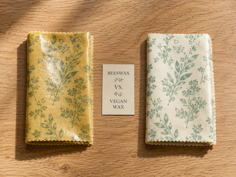 Side by side comparison of a glossy beeswax wrap and a matte finish vegan candelilla wax wrap separated by a labeled card