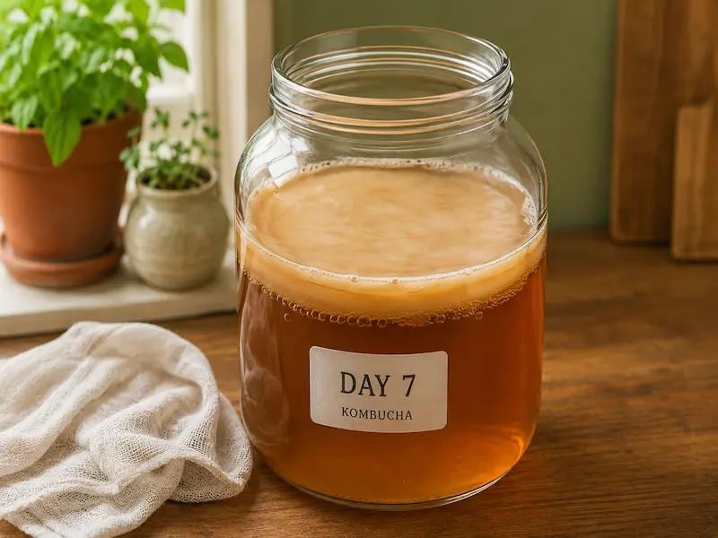 A glass jar of kombucha on day 7 of fermentation showing a new pale SCOBY disc forming across the surface of amber liquid with small bubbles visible underneath