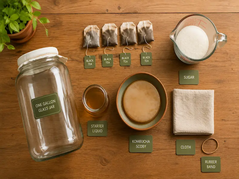 Homemade kombucha ingredients and equipment flat lay including wide-mouth glass jar black tea bags white sugar SCOBY in a bowl starter liquid linen cloth and rubber band on a wooden surface