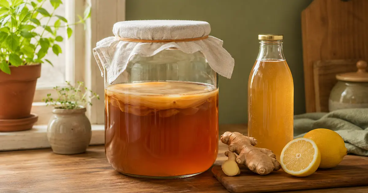 A large glass jar of fermenting kombucha on a wooden counter with a pale SCOBY disc at the top covered with linen cloth beside a bottle of finished golden kombucha and fresh ginger and lemon