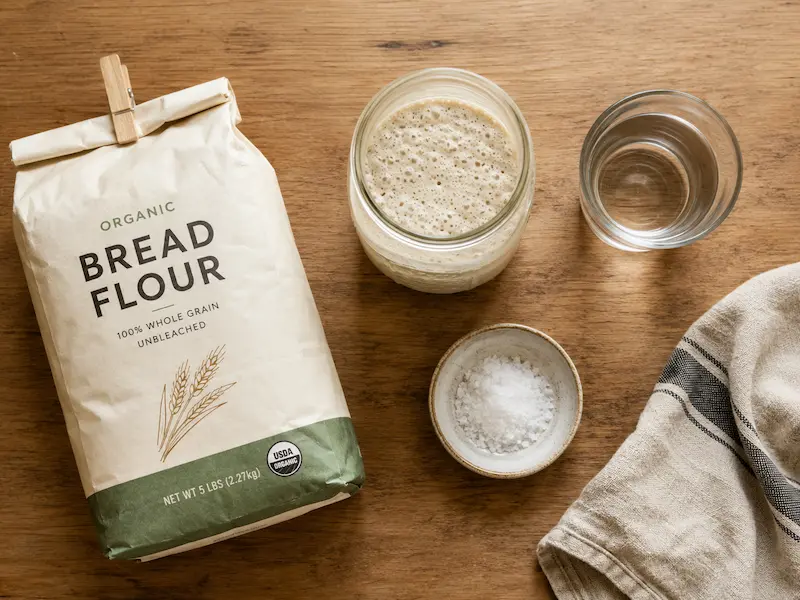 Sourdough bread ingredients flat lay including bread flour active starter sea salt and water on a wooden counter