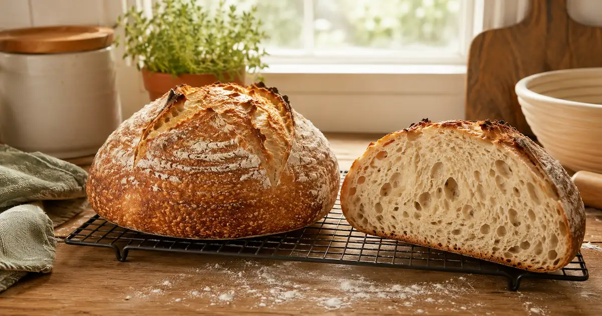 Rustic sourdough loaf with scored golden crust cooling on a wire rack next to a cut half showing open crumb