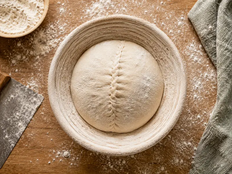Shaped sourdough dough resting seam-up in a floured banneton basket before cold proofing