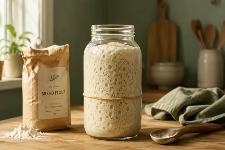 Active sourdough starter doubled in size with bubbles in a glass jar on a wooden kitchen counter with flour and wooden spoon beside it