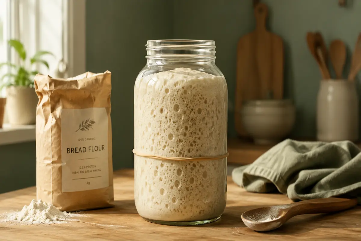 Active sourdough starter doubled in size with bubbles in a glass jar on a wooden kitchen counter with flour and wooden spoon beside it